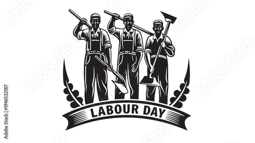 Workers holding tools with 'Labour Day' text on a ribbon, celebrating International Workers' Day with pride and strength.