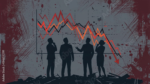 Business people discuss about the financial crisis and stock market decline against an abstract background.