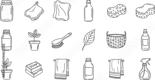 Collection of hand-drawn bathroom and personal hygiene items in a simple line art style
