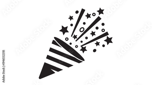 Confetti popper icon with stars, circles, and exploding streamers in a black graphic style on a white background.