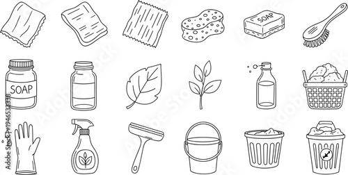 Collection of hand-drawn icons for eco-friendly cleaning and home essentials