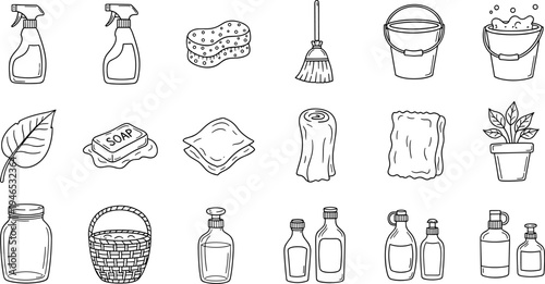 Collection of hand-drawn icons representing eco-friendly cleaning supplies and natural elements