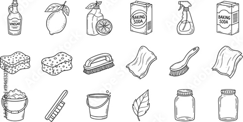 Collection of hand-drawn icons representing cleaning supplies and natural elements for eco-friendly living