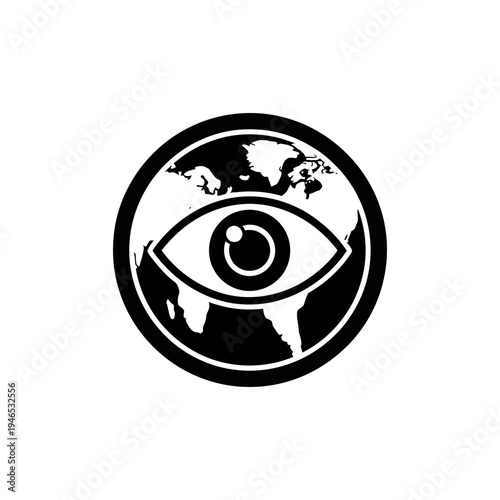 Black and White Eye Symbol Over Globe Icon Design