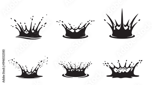 Water splashes, crown shapes, and liquid drops, black graphic elements for design projects. featuring drop, splash effect, ripple with motion and