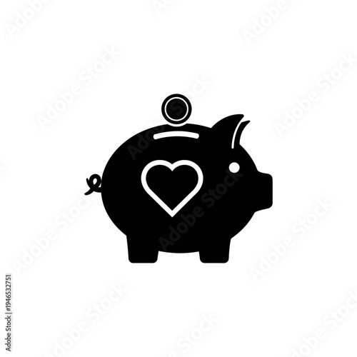 Black Piggy Bank Icon with Heart Symbol