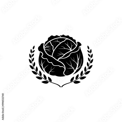 Black and White Cabbage Icon with Laurel Wreath Emblem