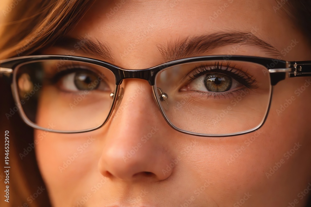 Fototapeta premium Woman wearing black glasses, close-up face, brown eyes, looking straight