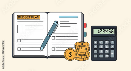 Budget plan with calculator and coins.