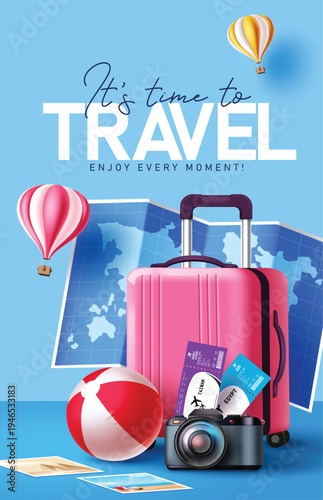 Travel time clipart poster design. It's time to Travel text clip art with location map, luggage bag, beach ball, camera and hot air balloon traveler elements for holiday trip and tour adventure vector