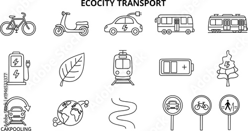 Collection of eco-friendly transportation and energy icons in a simple line art style