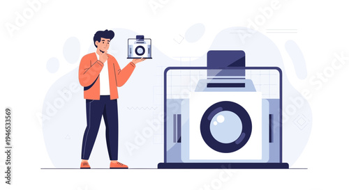 Man holding a 3D printer, laptop showing 3D printing process, modern technology concept