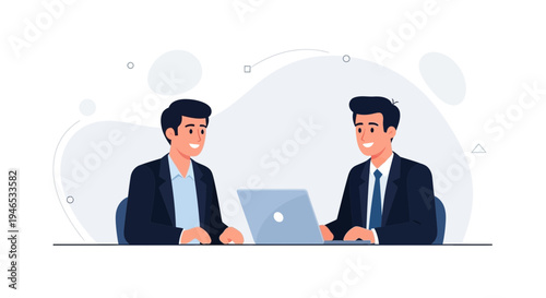 Two businessmen collaborating on a laptop, modern office meeting, teamwork concept