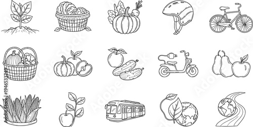 Collection of hand-drawn icons representing sustainable transportation and eco-friendly lifestyle choices