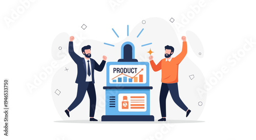 Successful business partners celebrating product launch with growth chart