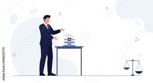 Businessman presenting legal scales and a button, concept of justice and decision