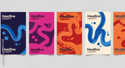 Colorful magazine covers with abstract designs and headline text on gray background for branding