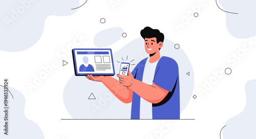 Man holding tablet and smartphone showing profile and analytics, modern flat illustration