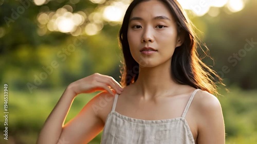Young Asian Woman in Summer Dress Outdoors, Golden Hour Sunlight, Gentle Breeze