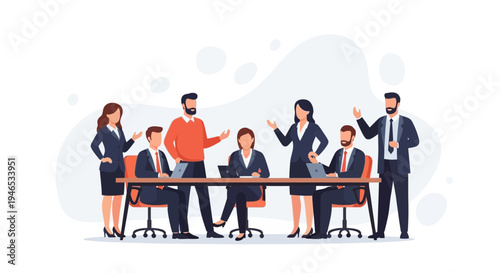 Diverse business team in a meeting, discussing strategy around a conference table.