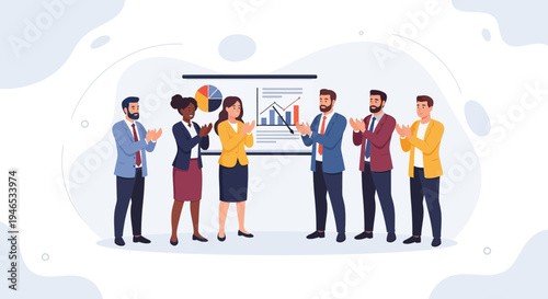 Diverse business team applauding success at presentation with charts