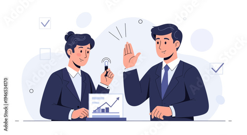 Business partners high five celebrating success with charts and graphs