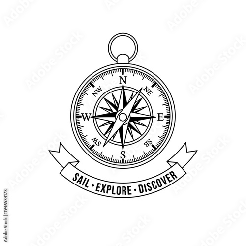 Black and White Line Art Compass With Sail Explore Discover Banner