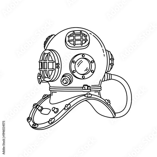 Line Art Illustration of Vintage Diving Helmet