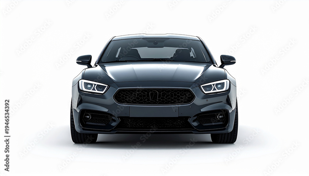Fototapeta premium frontal de coche deportivo moderno gris oscuro sobre fondo blanco, elegante y potente, concepto de vehículo premium, tecnología, potencia, innovación, velocidad, lujo y transporte moderno