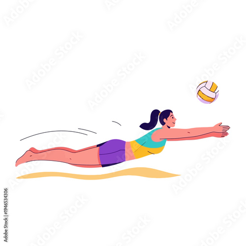 Woman playing beach volleyball, diving to save ball, active lifestyle, summer sport