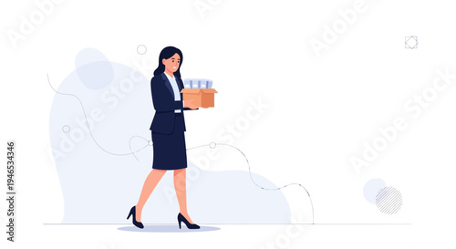 Woman carrying box of belongings, leaving office, job loss concept