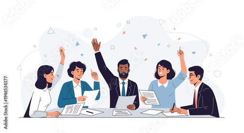 Diverse business team raising hands in meeting, voting, sharing ideas, collaboration