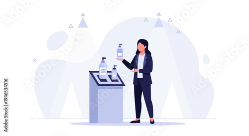 Woman presenting skincare products on display stand, beauty and retail concept