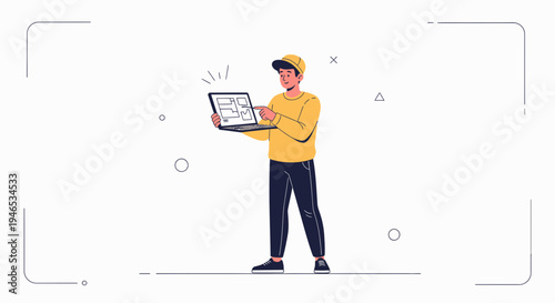 Young man in yellow shirt and cap pointing at laptop screen with blueprint