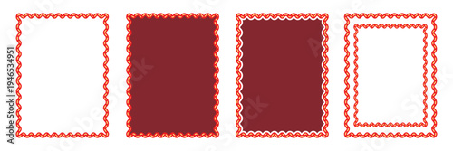 Red zigzag rectangle frame set. Wavy scalloped border for cinema ticket and vintage invitation, maroon decorative certificate shapes, blank theatrical flyer.