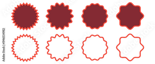 Wavy circle zigzag badge set. Red scalloped border frames with maroon centers for cinema seals, vintage ticket stamps, award labels and decorative starburst vector illustration.