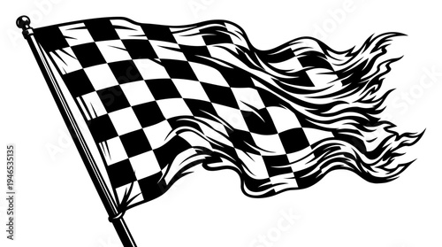 Checkered flag waving in the wind, symbol of victory and the end of a race, representing competition and achievement