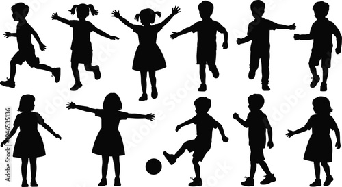 Children silhouette collection with boys and girls playing, running and jumping poses isolated on white background for kids activity and education design
