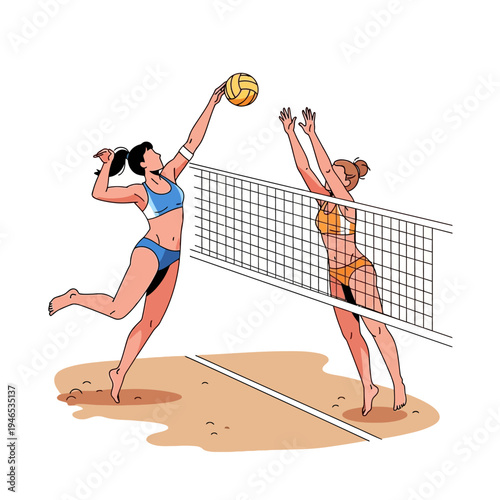 Beach Volleyball Match: Two Women Competing Over Net, Action Shot