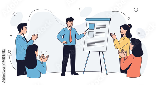 Business meeting presentation success, team applauds speaker at whiteboard