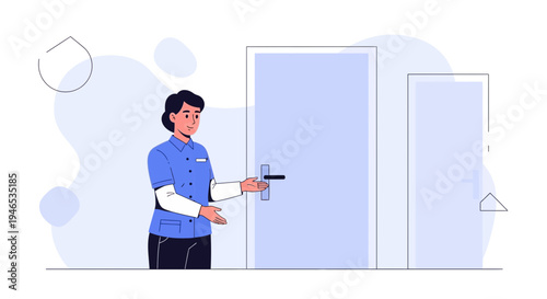 Friendly attendant opens door, welcoming guests to a new opportunity or service.