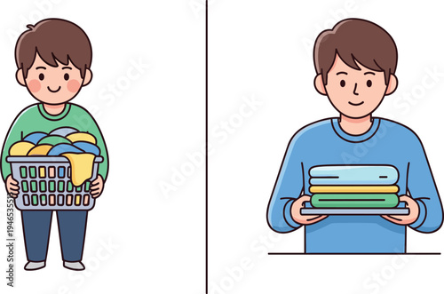 Laundry and household chores concept with young man holding basket of dirty clothes and stack of clean folded towels home cleaning illustration