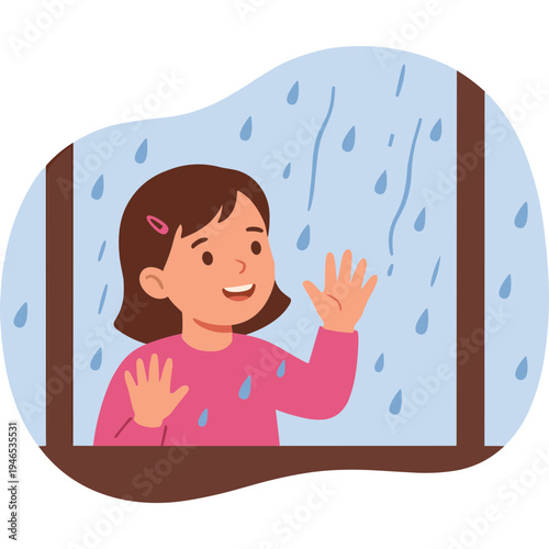 Girl Looking Out Window on Rainy Day Smiling
