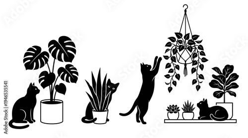 Playful black cats exploring and interacting with a variety of potted houseplants, capturing their curious and mischievous nature within a cozy home garden environment