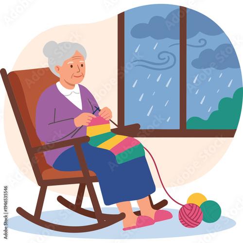 Elderly woman knitting colorful yarn on a rainy day by the window.