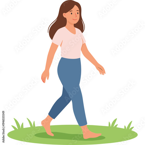 Woman walks on grass barefoot in a natural outdoor setting smiling