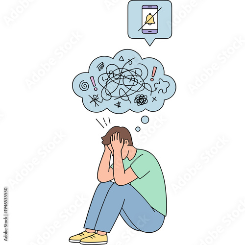 A man sits overwhelmed by confusing thoughts and a phone notification.