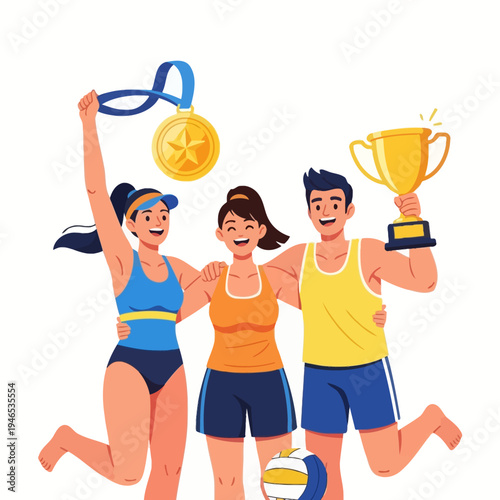 Diverse Sports Team Celebrates Victory With Trophy and Gold Medal