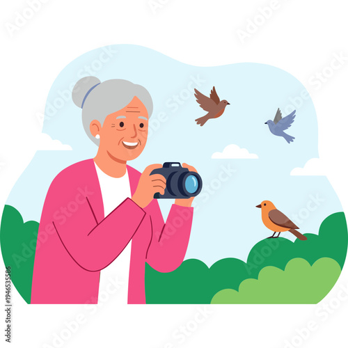 Woman takes photo of birds perched on green bushes outdoors