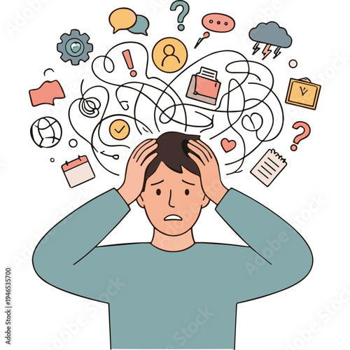 Overwhelmed man with confused thoughts and various symbols floating above his head